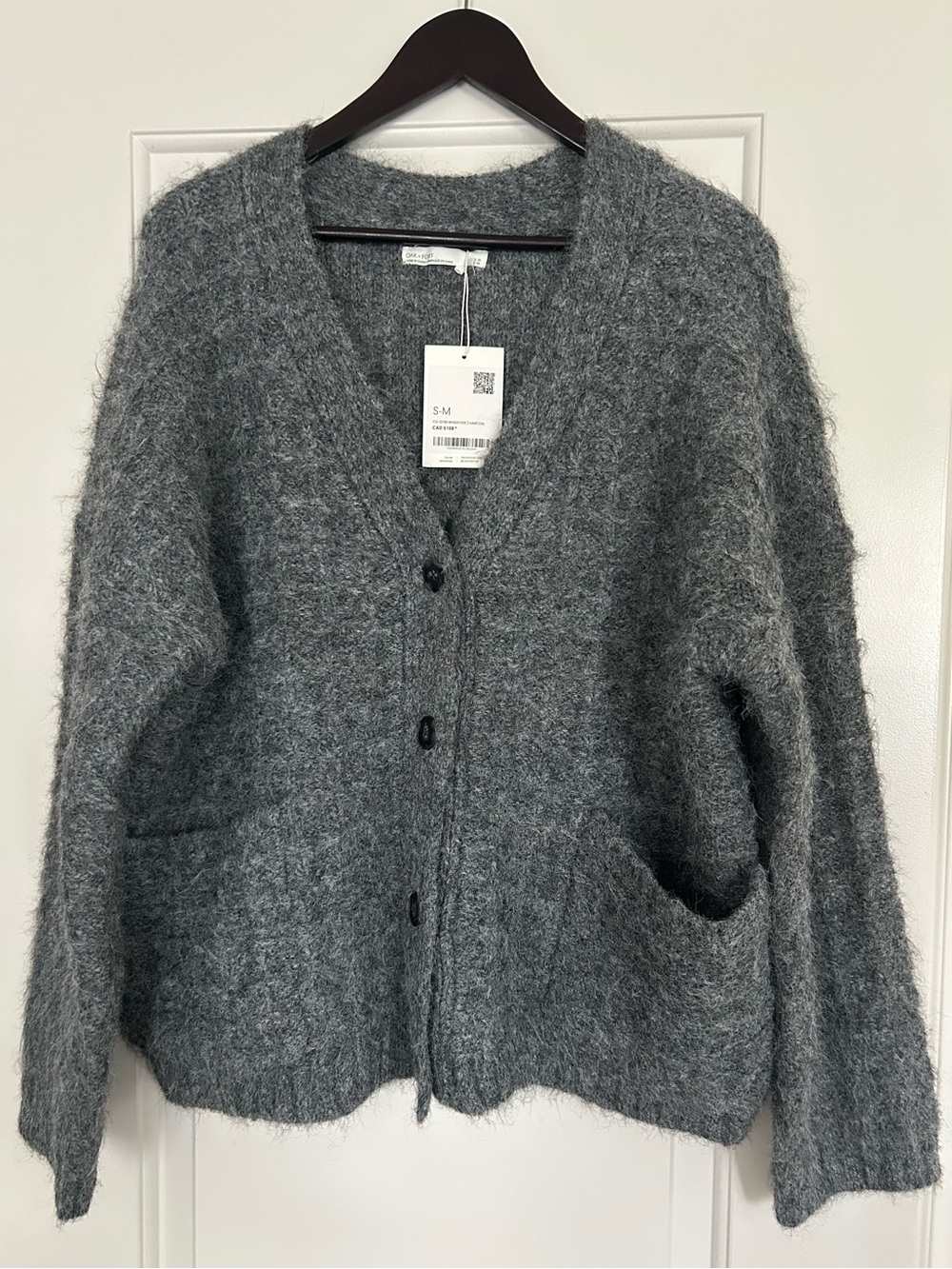 NWT Oak + Fort Oversized Grid Textured Cardigan Heather Grey Soft Fuzzy Sz S/M
